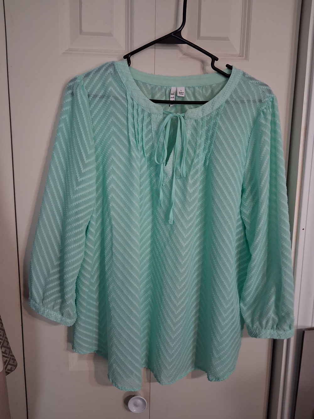 Elle Mint Green Chevron Peasant Blouse with Tie